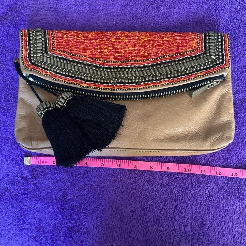 Vince Camuto‎ Bohemian Beaded Genuine Leather With Tassels Tan Clutch Artisan